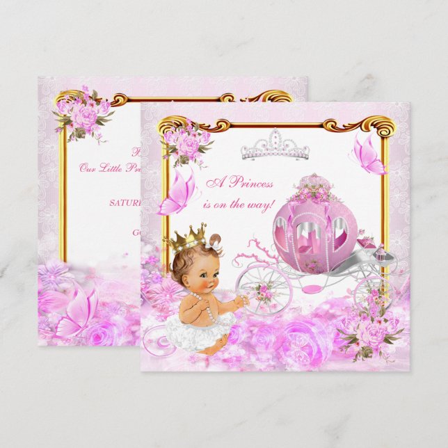 Princess Girl Baby Dusche Pink Gold Carriage Tiara Einladung (Vorne/Hinten)