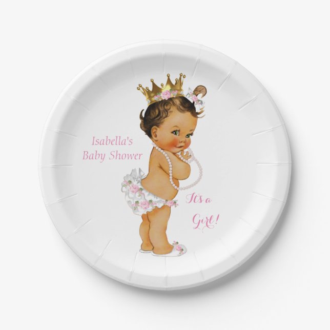 Princess Girl Baby Dusche Pink Gold Crown Brünett Pappteller (Vorderseite)