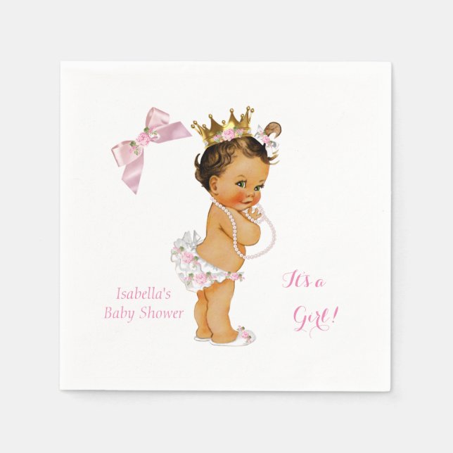 Princess Girl Baby Dusche Pink Gold Crown Brünett Serviette (Vorderseite)
