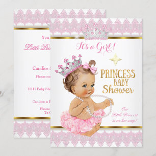 Princess Girl Baby Dusche Pink Gold Tutu Brünett Einladung