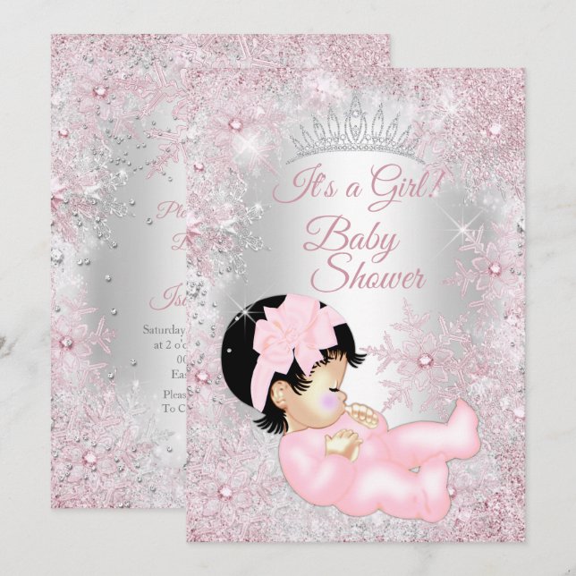 Princess Girl Baby Dusche Pink Winter Wonderland Einladung (Vorne/Hinten)
