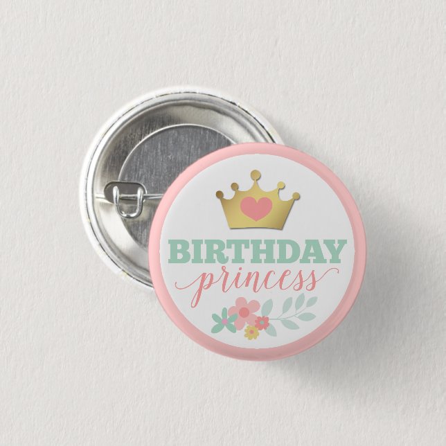 Princess Gold Crown & Shabby Pink Floral Button (Vorne & Hinten)
