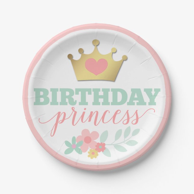Princess Gold Crown & Shabby Pink Floral Pappteller (Vorderseite)