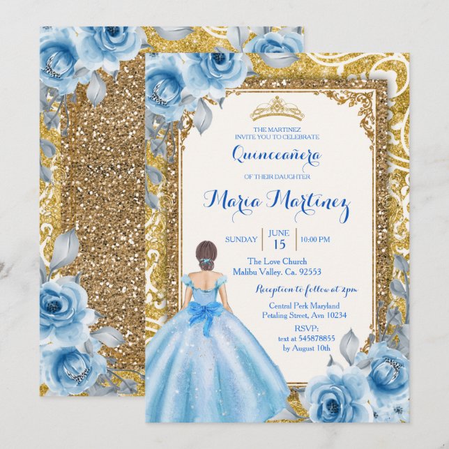 Princess Gold et Rose bleu Quinceanera Invitation (Devant / Derrière)