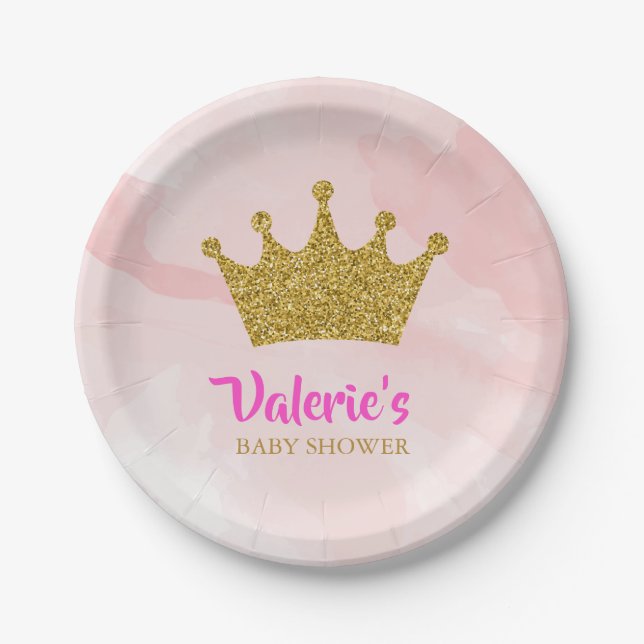 Princess Gold Glitzer Crown Baby Dusche Pappteller (Vorderseite)