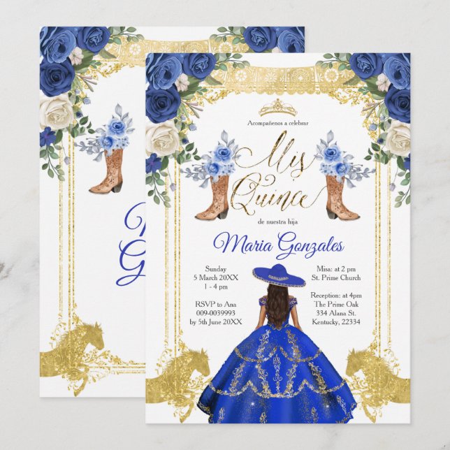 Princess Gold Navy Boots Charra 15. Anos 2 Einladung (Vorne/Hinten)