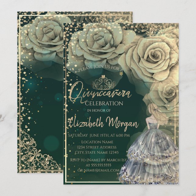 Princess, Gold Tiara, Diamanten-Rose Einladung (Vorne/Hinten)