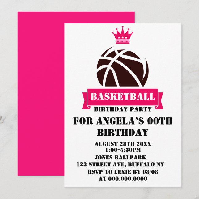 Princess Hot Pink Basketball Invitation de fête d' (Devant / Derrière)