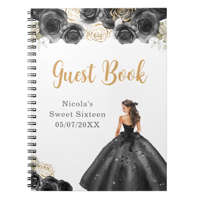 Princess in Black Dress 16 . Geburtstag Gästebuch Notizblock (Vorderseite)