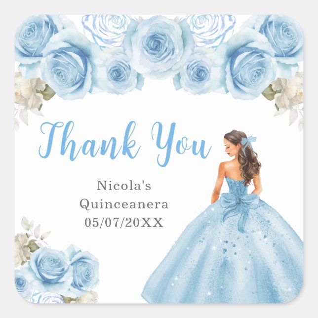 Princess in Blue Dress Quinceanera Vielen Dank Quadratischer Aufkleber (Vorderseite)