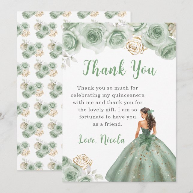 Princess in einem Sage Green Quinceanera Vielen Da Dankeskarte (Vorne/Hinten)