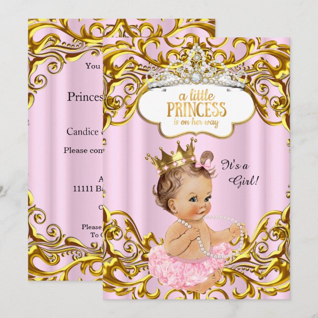 Princess ist auf dem Weg Baby Dusche Pink Brünett Einladung (Vorne/Hinten)
