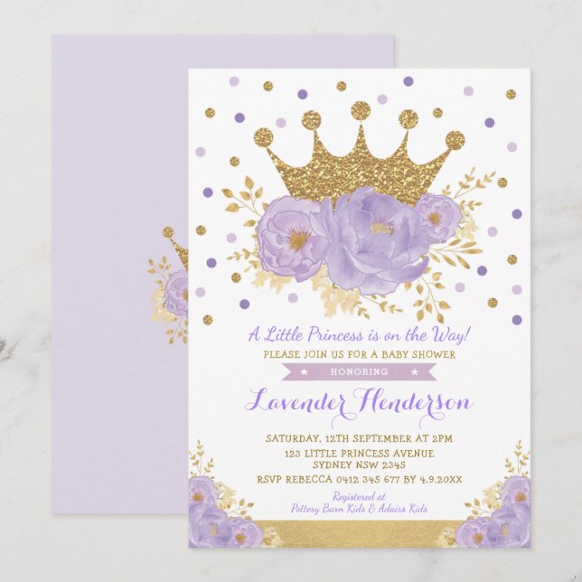 Princess Lavender Gold Blumenkronendusche Einladung (Vorne/Hinten)