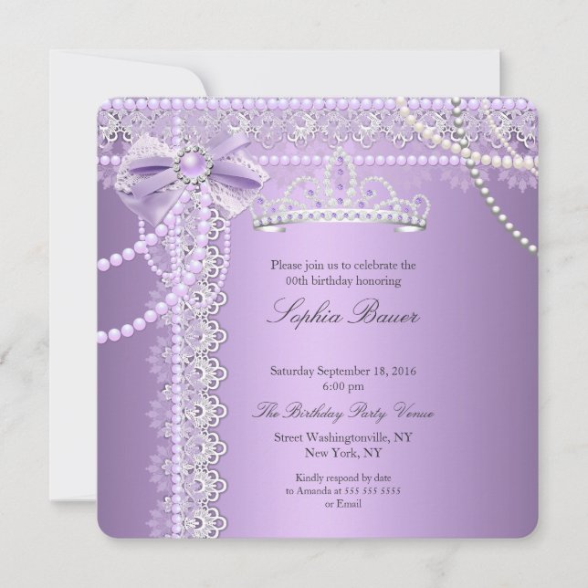 Princess Lila Pearl Bow Lace Birthday Party Einladung (Vorderseite)