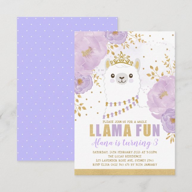 Princess Llama Birthday / Lila Gold Fiesta Party Einladung (Vorne/Hinten)