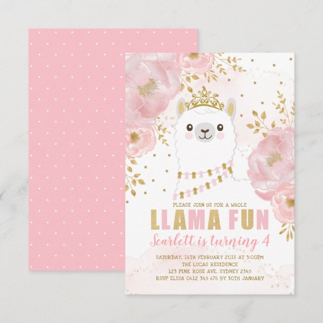 Princess Llama Birthday / Pink Gold Fiesta Party Einladung (Vorne/Hinten)