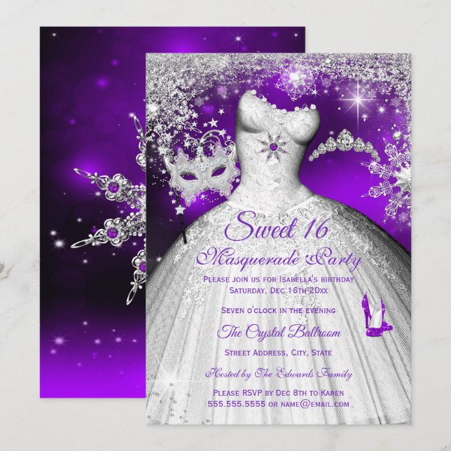 Princess Masquerade Sweet 16 Lila Silver Party Einladung (Vorne/Hinten)