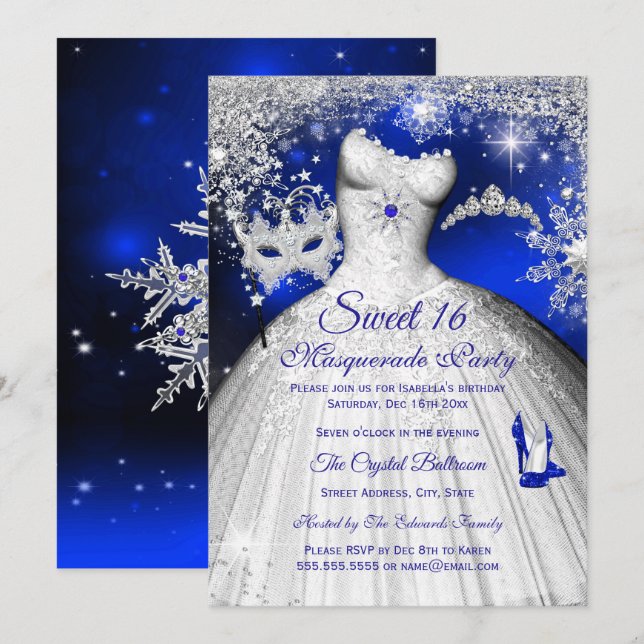 Princess Masquerade Sweet 16 Royal Blue Silver Einladung (Vorne/Hinten)