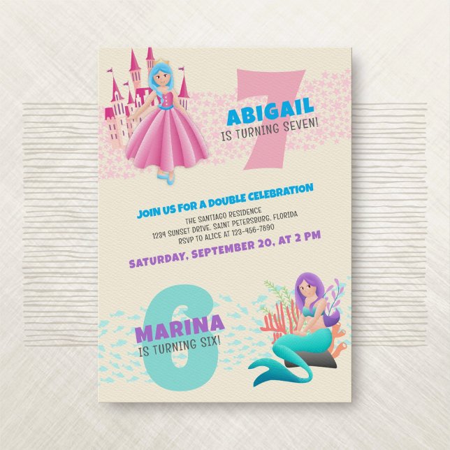 Princess Mermaid Joint Double Birthday Einladung (Von Creator hochgeladen)