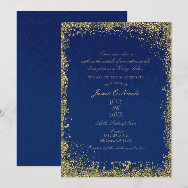Princess Navy Blue Gold Storybook Hochzeit Einladung (Vorne/Hinten)