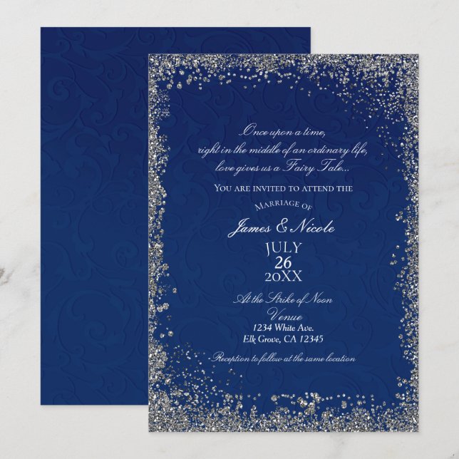 Princess Navy Blue Silver Storybook Hochzeit Einladung (Vorne/Hinten)
