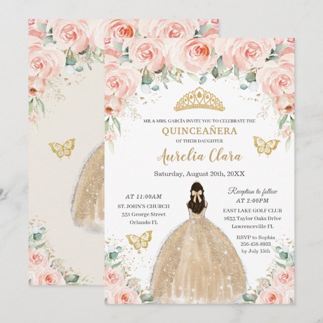 Princess of Quinceañera Blush Floral Champagne Einladung (Vorne/Hinten)