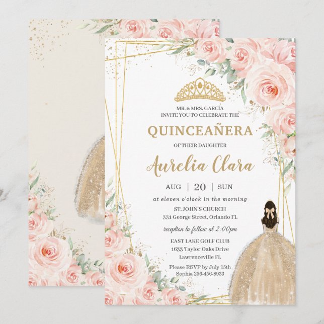 Princess of Quinceañera Blush Floral Champagne Einladung (Vorne/Hinten)