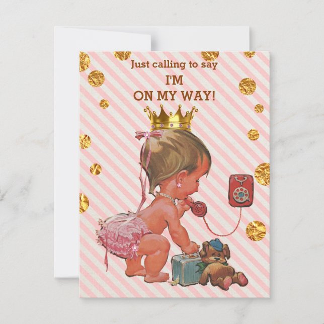 Princess on Phone Stripes Gold Spots Kinderdusche Einladung (Vorderseite)