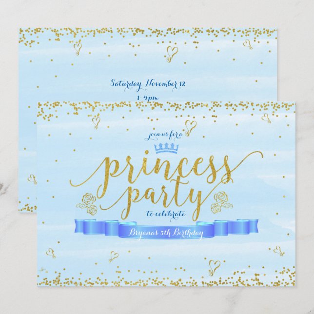 Princess Party Blue & Gold Invitations (Devant / Derrière)