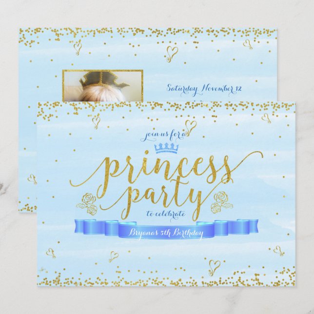 Princess Party Gold & Blue Foto Einladungen (Vorne/Hinten)