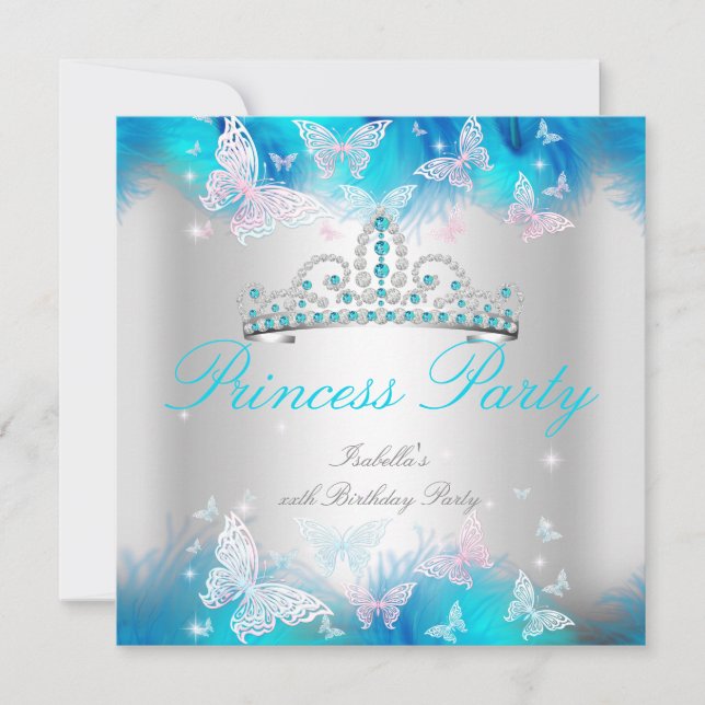 Princess Party Pink Aquamarin Blue Tiara Butterfly Einladung (Vorderseite)