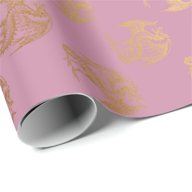 Princess Pastel Pink Rose Gold Dragon Fenix Geschenkpapier (Rolleneckpunkt)