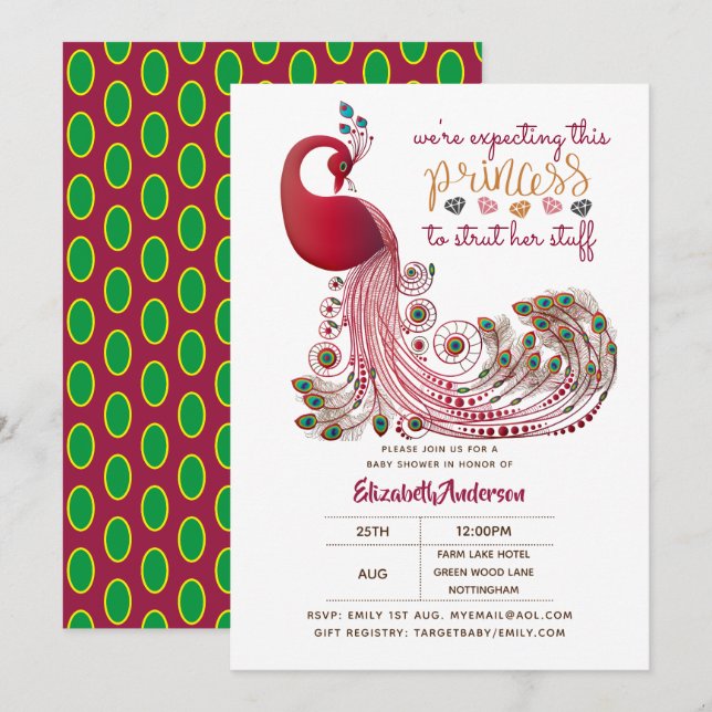 Princess Peacock Pink knöpft ihre Stuff Baby Dusch Einladung (Vorne/Hinten)