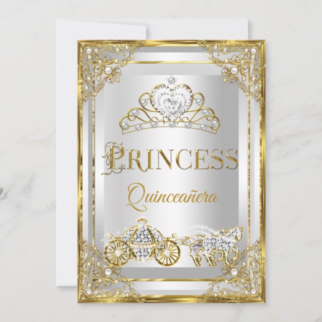 Princess Pearl Gold White Quinceanera Einladung (Vorderseite)