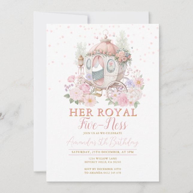 Princess Pink Birthday Blush Floral Carriage Einladung (Vorderseite)