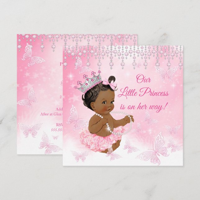 Princess Pink Butterfly Baby Dusche Ethnisch Einladung (Vorne/Hinten)