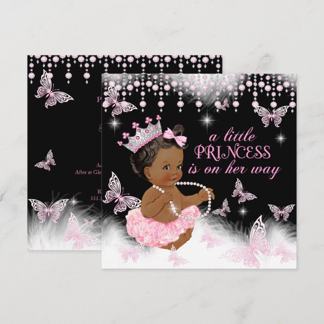 Princess Pink Butterfly Baby Dusche Ethnisch Einladung (Vorne/Hinten)