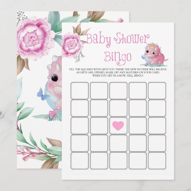 Princess Pink Dinosaur Peony Baby Dusche Bingo (Vorne/Hinten)