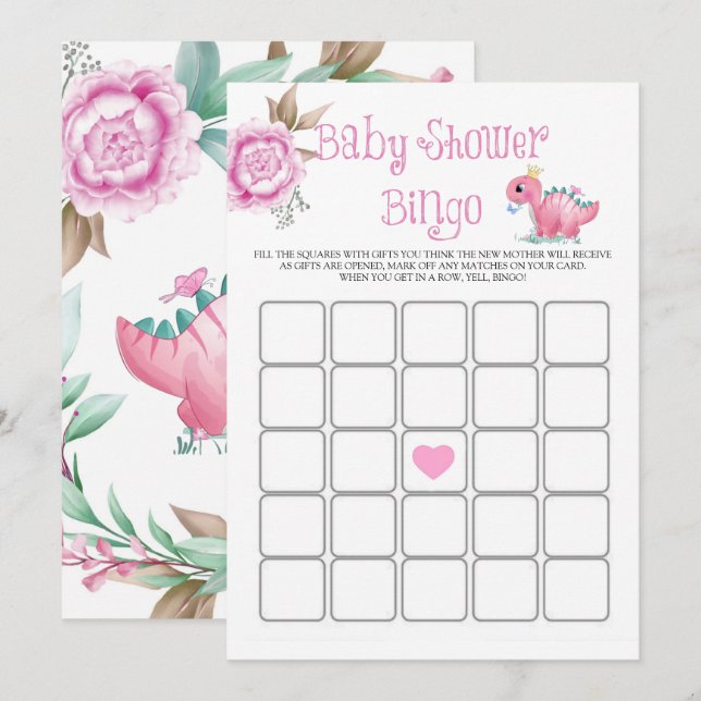Princess Pink Dinosaur Peony Baby Dusche Bingo (Vorne/Hinten)
