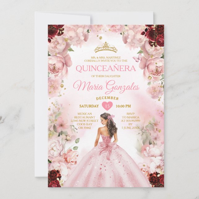 Princess Pink Dress Burgundy Floral Quinceañera Einladung (Vorderseite)