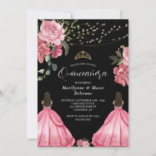 Princess Pink Floral Twins Quinceañera Einladung