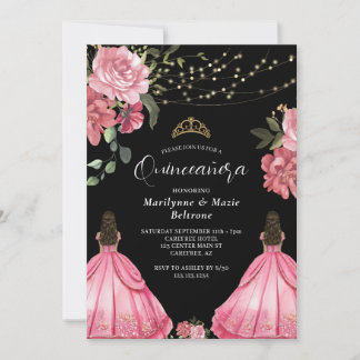 Princess Pink Floral Twins Quinceañera Einladung