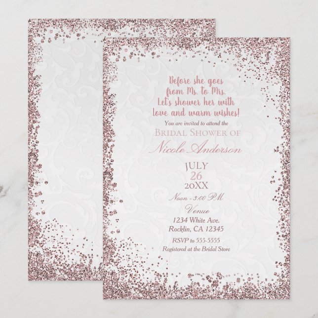 Princess Pink Glitzer White Damask Brautparty Einladung (Vorne/Hinten)