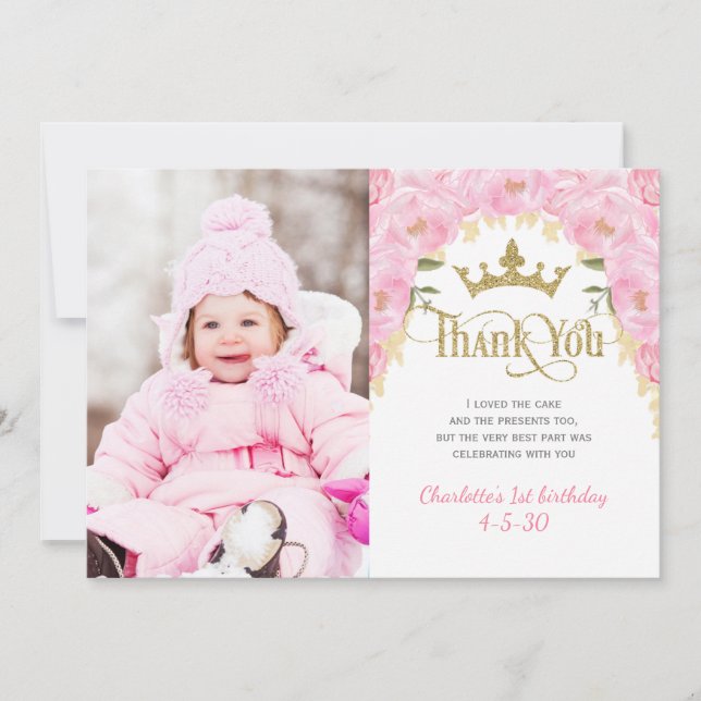 Princess Pink Gold Glitzer Floral Vielen Dank Kart Dankeskarte (Vorderseite)