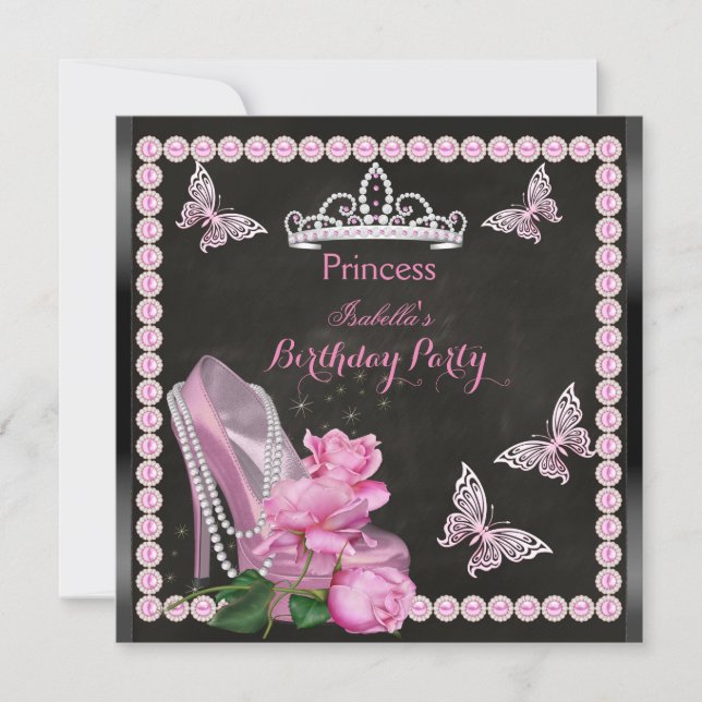 Princess Pink High Heel Rose Pearl Chalkboard Einladung (Vorderseite)