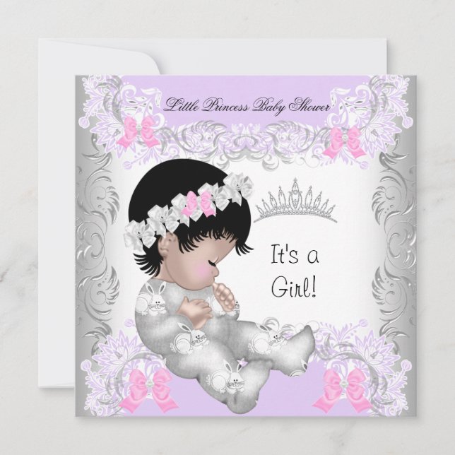 Princess Pink Lila Gray Baby Dusche Niedlich Girl Einladung (Vorderseite)