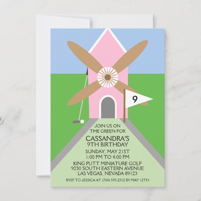 Princess Pink Miniatur Golf Windmill Geburtstag Einladung (Vorderseite)