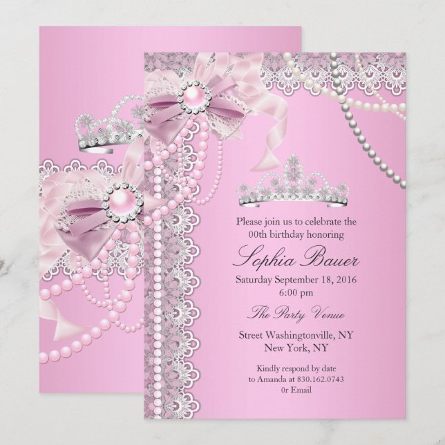 Princess Pink Pearl Bow Lace Birthday Party A Einladung (Vorne/Hinten)
