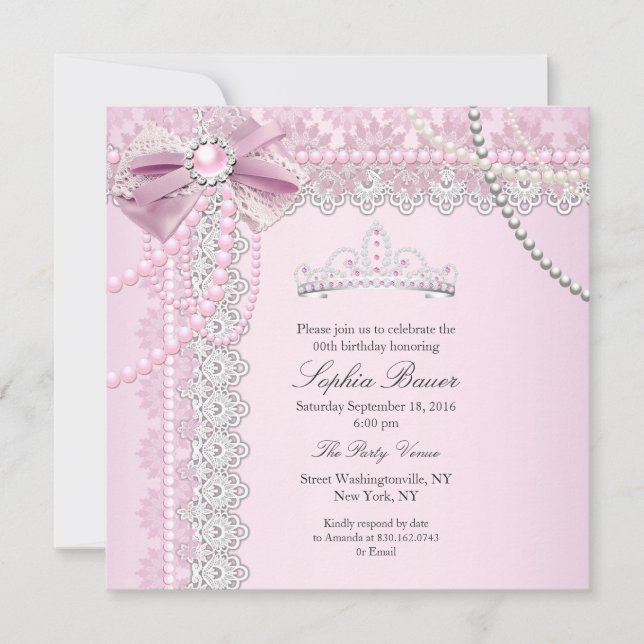 Princess Pink Pearl Bow Lace Birthday Party B Einladung (Vorderseite)