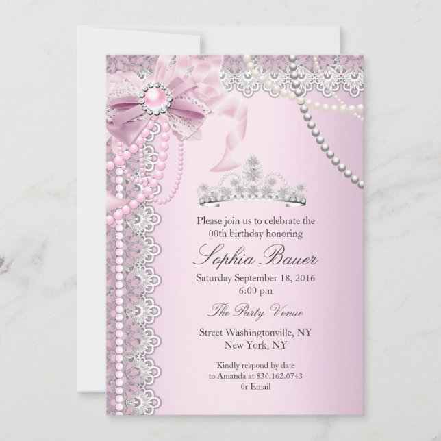 Princess Pink Pearl Bow Lace Birthday Party Einladung (Vorderseite)